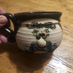 Teigland Bradford hand signed pottery. Silly face mustache man. Brown. Vintage.